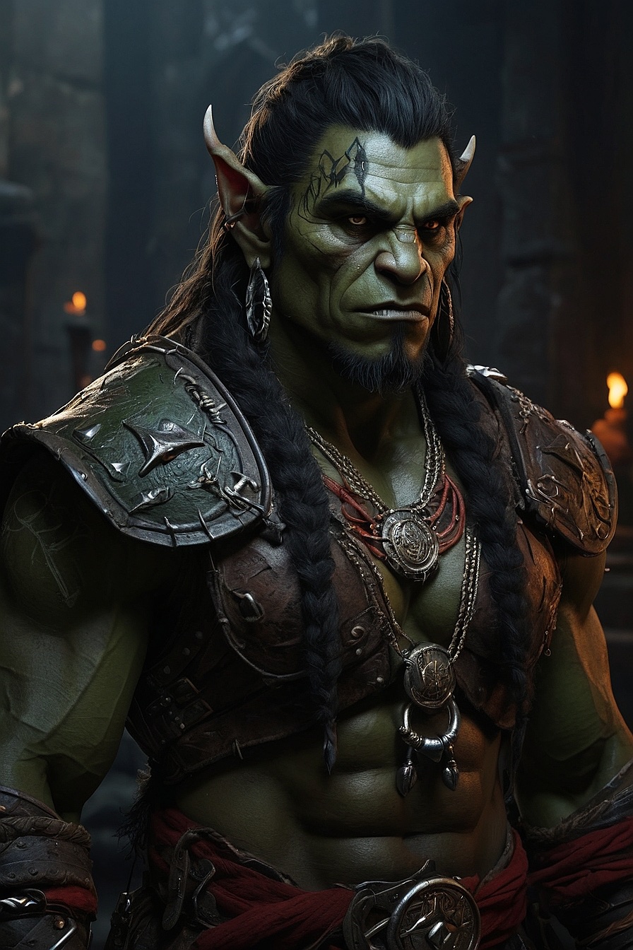 Orkul - A tall and muscular orc warrior with a fierce gaze but a surprisingly gentle demeanor.