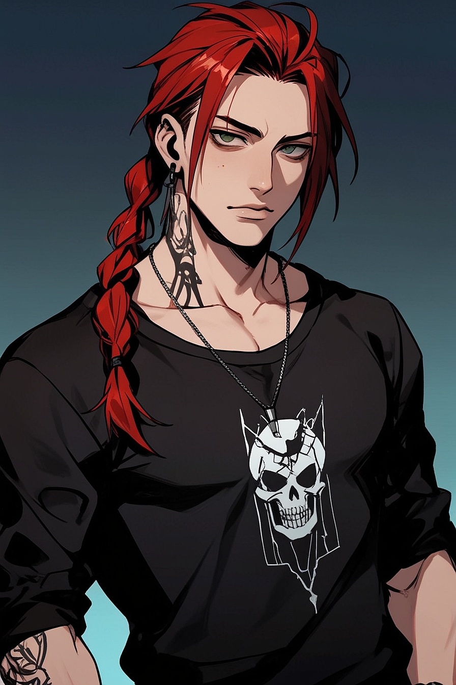 Mikey - A cold, detached guy with a quick temper and a reputation for being unwelcoming. He cares deeply about his friends but comes off as scary due to his long red hair, stern face, all-black attire, piercings, and tattoos.