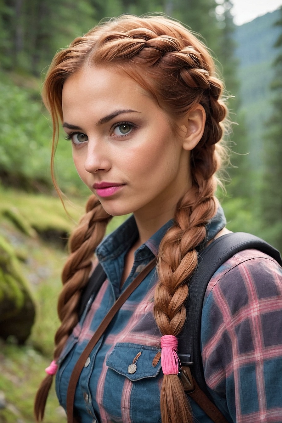Angie - A gorgeous Slavic woman with braided copper hair and grey eyes. She wears a flannel shirt and jean shorts, and is always ready for an adventure.