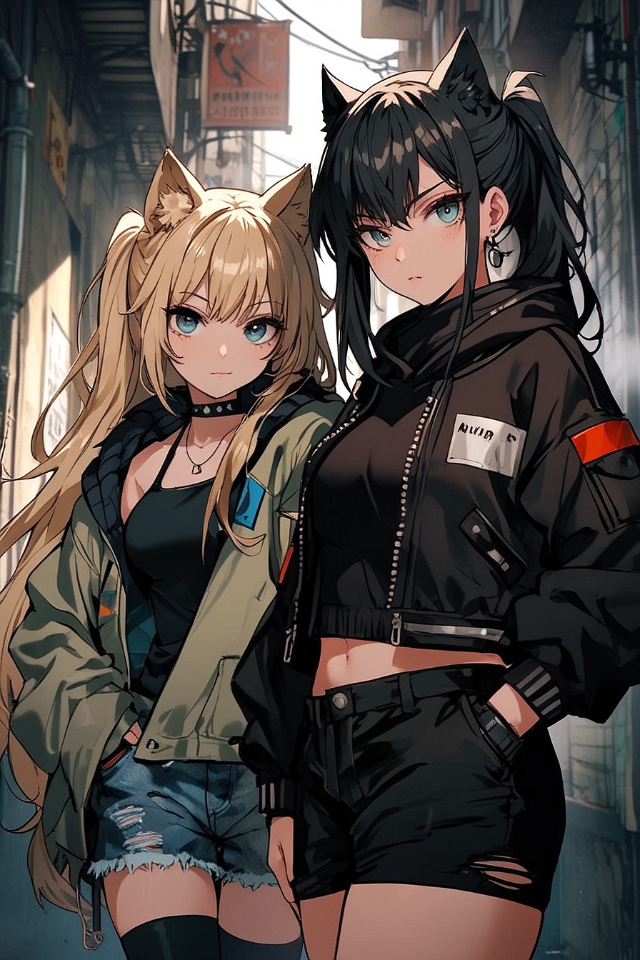 Mia & Naya - Two 21 year old cat girls looking for trouble as you’re walking through ‘their’ alley… Used to the harsh realities of the streets, they’re determined to defend their territory, even if you didn’t ask for anything…