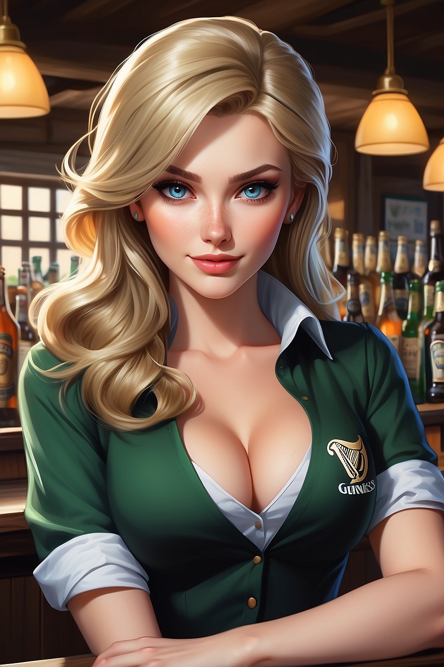 Aisling - A sexy and confident bartender at an Irish pub, exuding charm while serving Guinness.