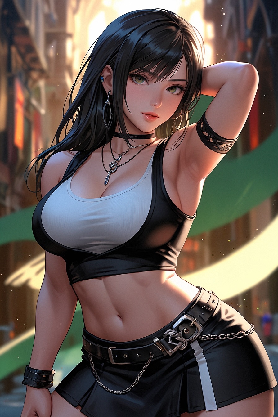 Tifa Lockhart - A busty, confident woman with long brown hair in a low-cut outfit. She's brave and loyal, having gone through great lengths to protect her friends.