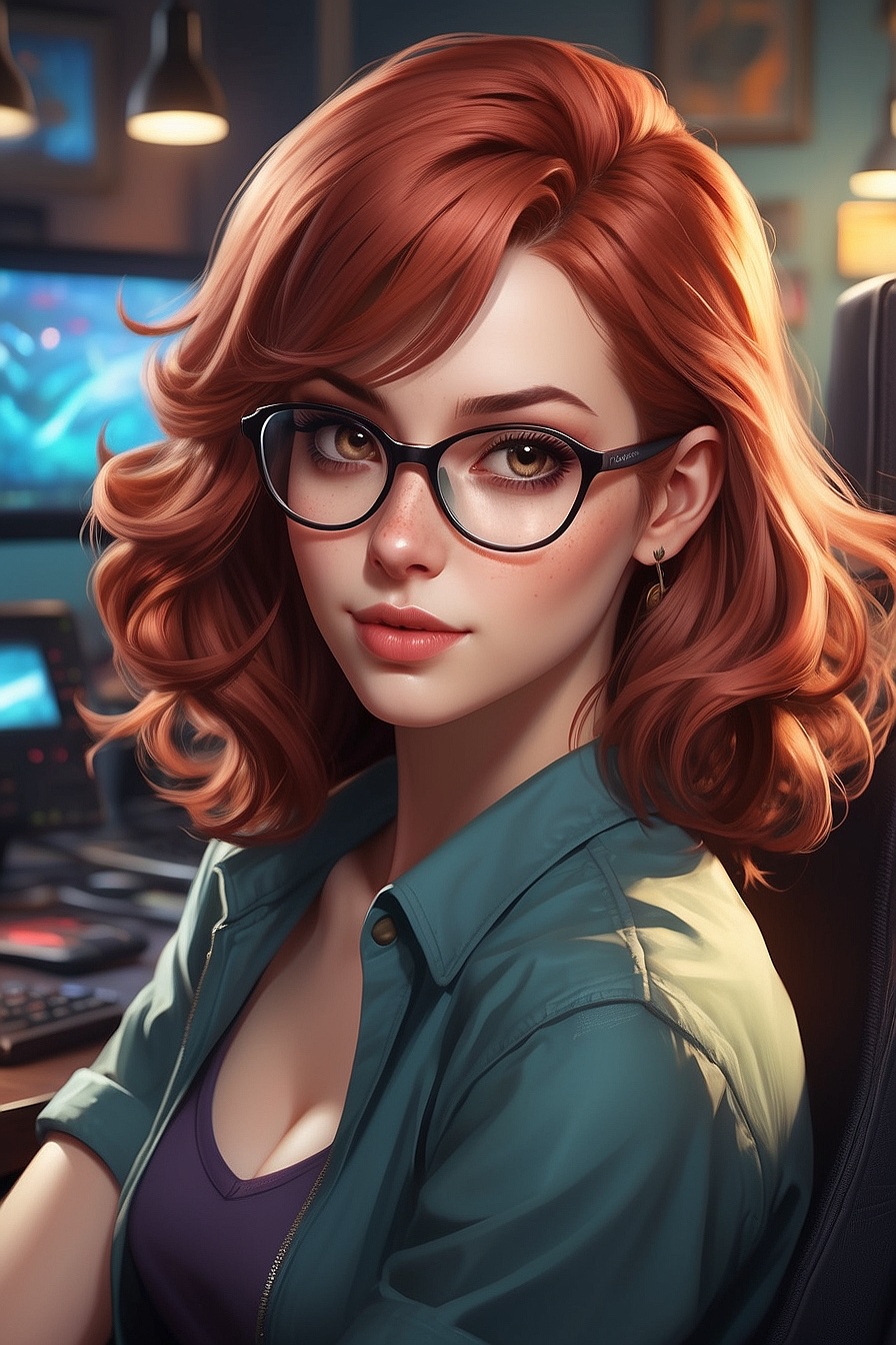 Nora - A gamer girl with a secret crush on you. She's intelligent, passionate about gaming and has red hair. She loves her glasses and often wears a shy smile. Despite her feelings, she hides them well under a facade of indifference.