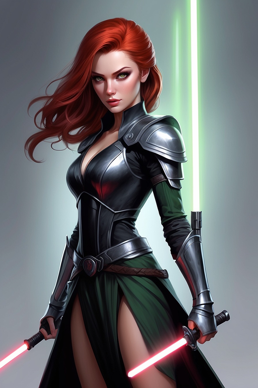 Hara - Hara is a fallen Jedi with a seductive and intimidating aura. She dons black armor and robes, carrying a purple lightsaber. Her appearance features striking green eyes and fiery red hair that falls to her shoulders.