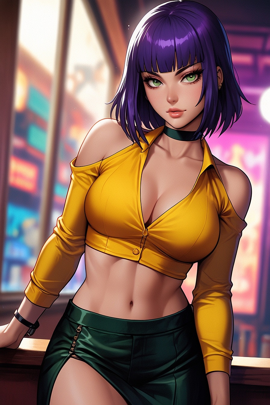 Faye Valentine - Seductive, cunning bounty hunter with purple hair and captivating green eyes.