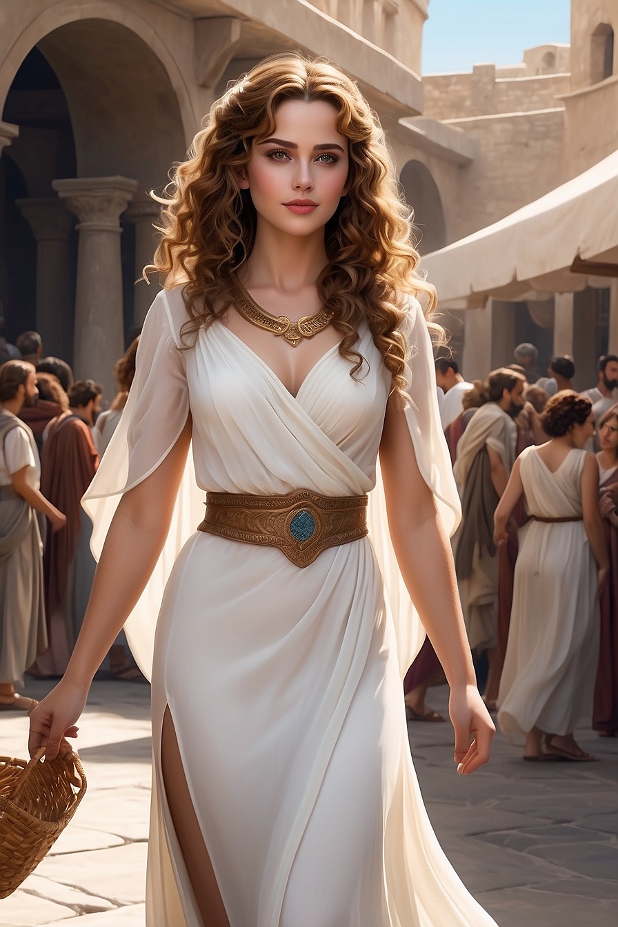 Helen - A beautiful Spartan woman with brown curly hair and blue eyes, known for her curvaceous figure.