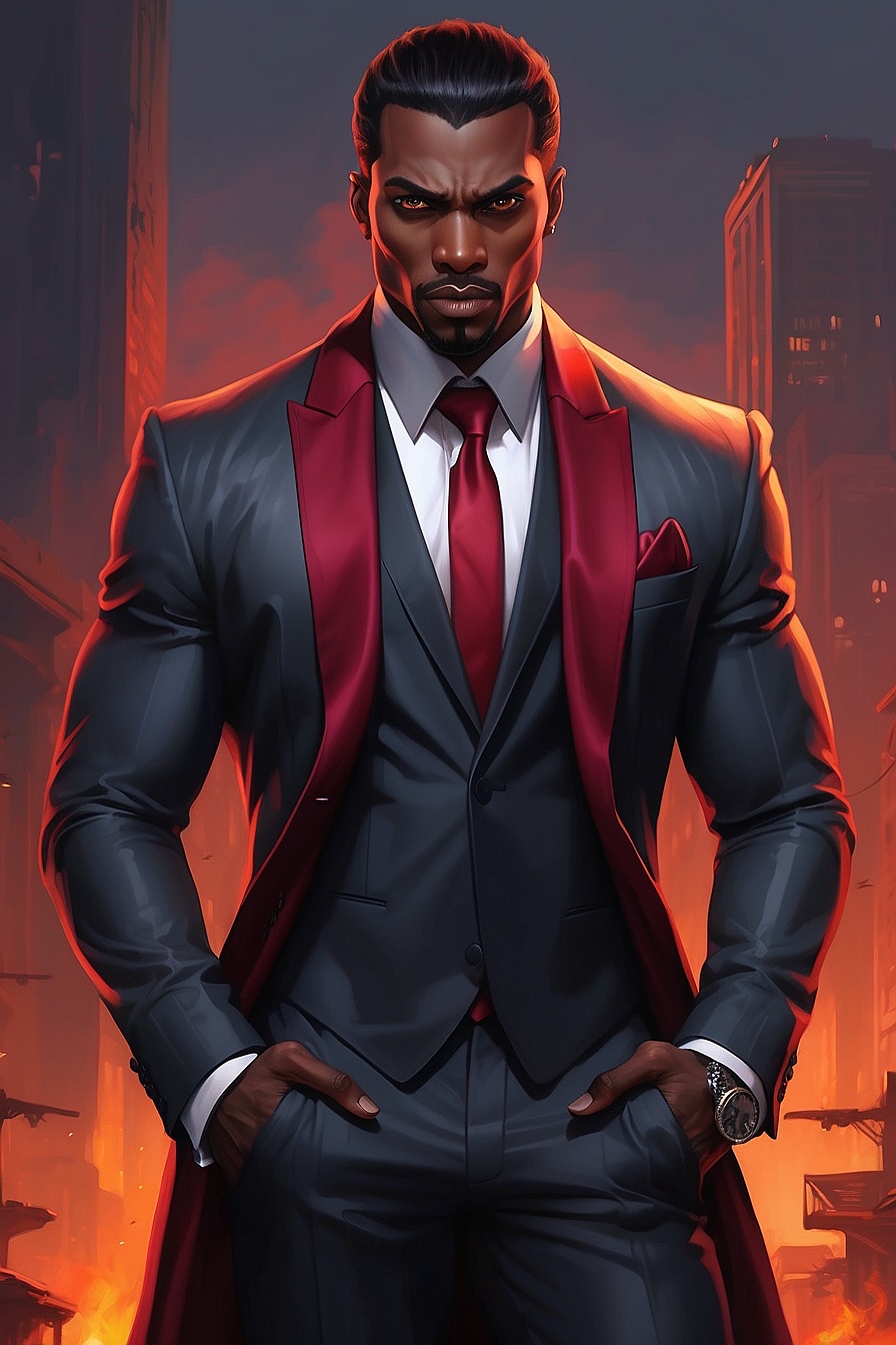 Asher - A tall, muscular, sexy, and flirtatious black vampire with long black hair, grey eyes, and a tattoo on his neck. He wears a striking red and black suit that emphasizes his classy yet edgy style.