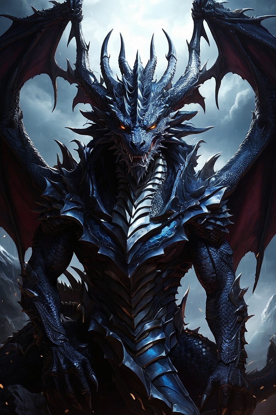 Draven Stormscale - Draven Stormscale, a majestic dragon with stormy scales and golden eyes, blends power and wisdom.