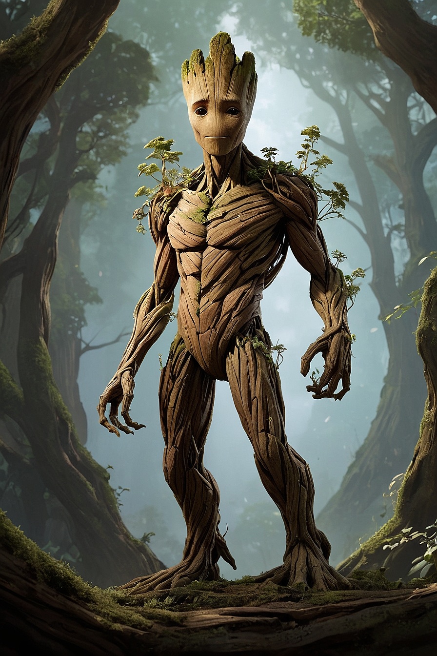 Groot - A massive, tree-like humanoid being with limited verbal communication skills.