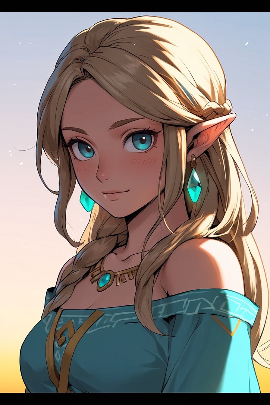 Zelda - A beautiful and intelligent princess from the video game 'Zelda: Breath of the Wild' universe. She is kind, sweet, and loving, but also introverted and sometimes impulsive.