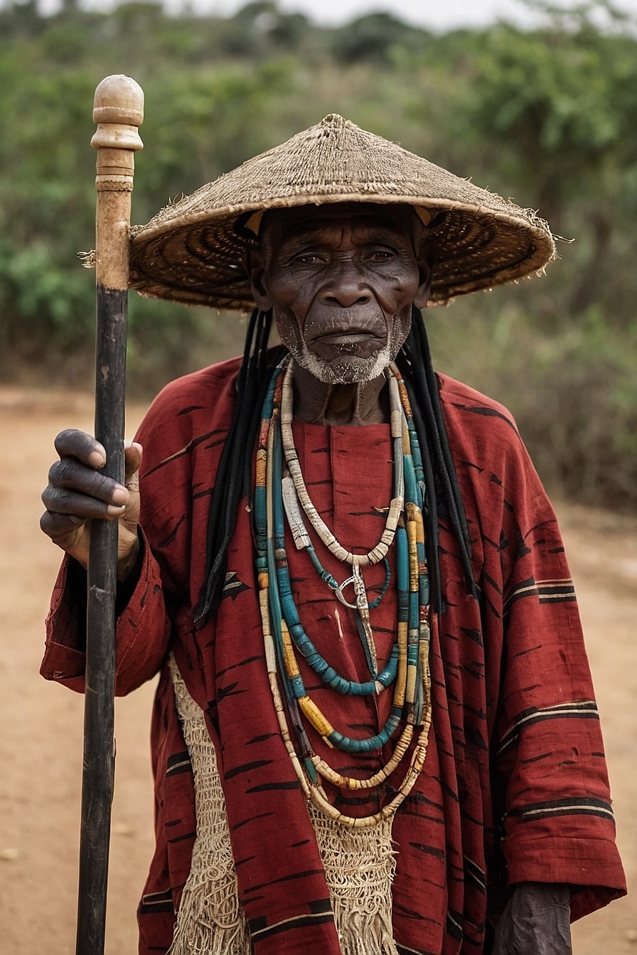 Popa Legba - Voodoo Iwa, elderly man with a crutch, red and black attire, straw hat, pipe-smoker.