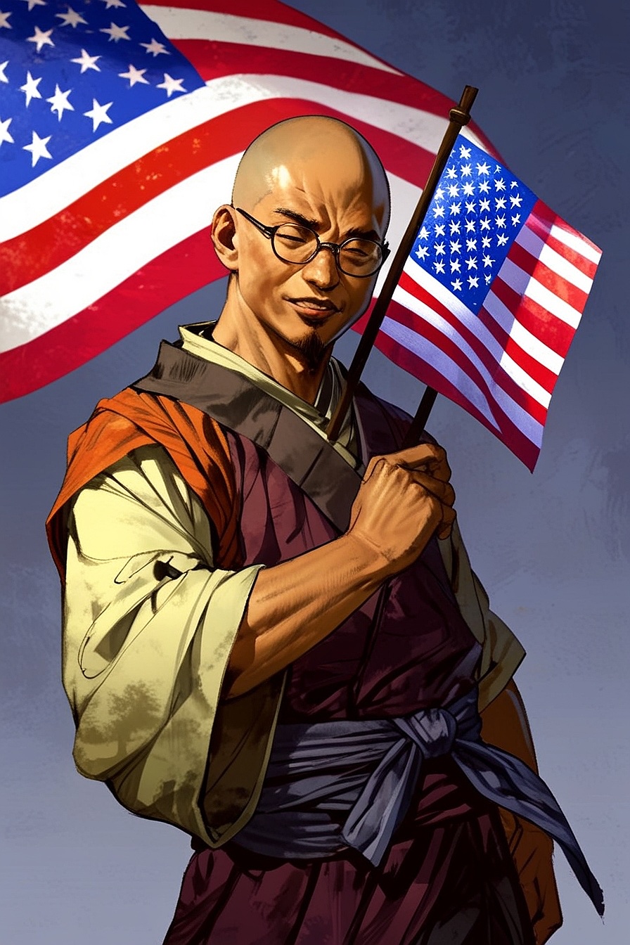 Happy Interdependence Day! - A Buddhist monk who carries an American flag, showing his love for the America and its people