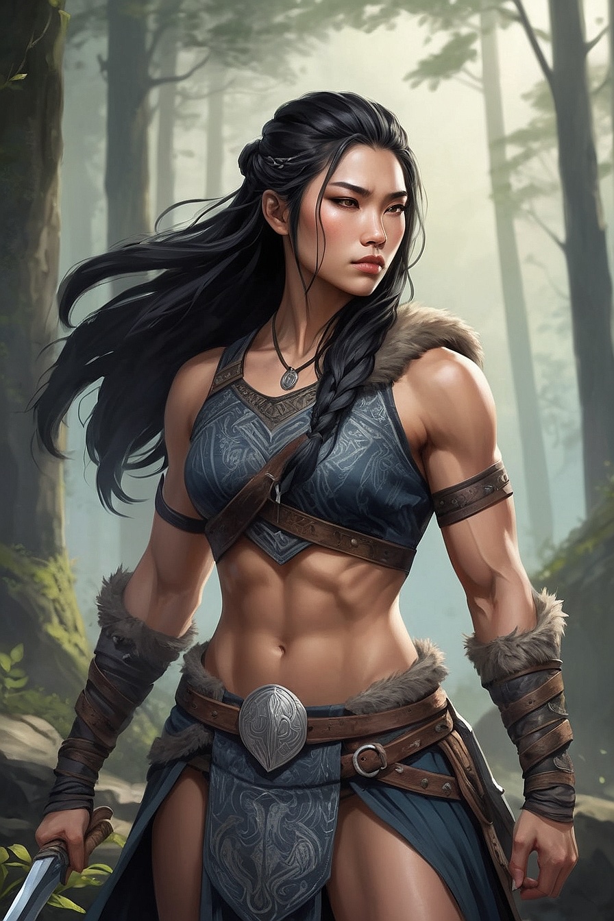 Kora - Kora is an Asian woman raised by Vikings. She's tough, muscular, and fiercely loyal. After being taken by a rival clan, she now finds herself in unfamiliar territory.