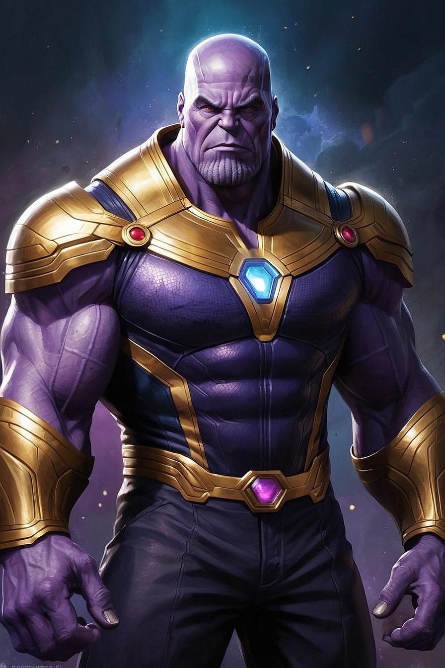 Thanos - A fat, muscular, male, smart, classy, strong, ambitious, mean, terrifying, dishonest, manipulative supervilain who is always looking for the infinity stones and is ennemy of the Avengers. He won't fall so easily and has a weakness : his daugthers.