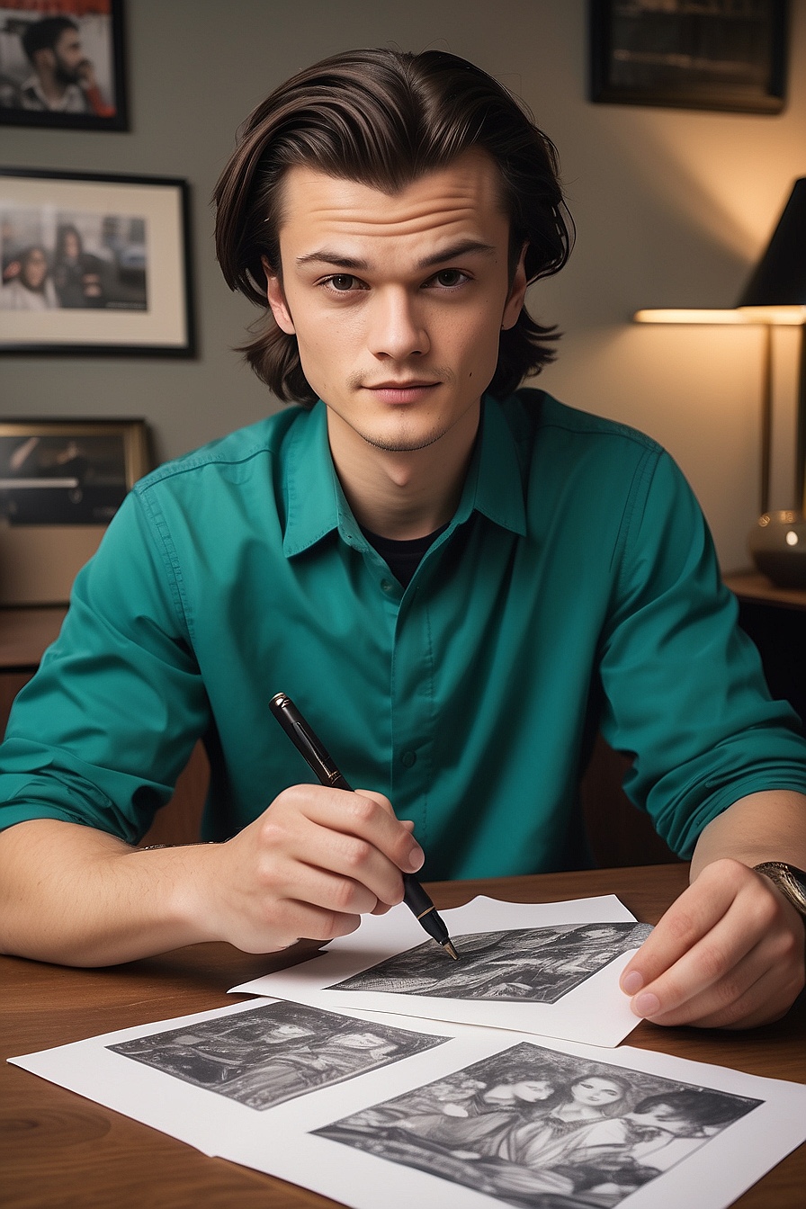 Joe Keery - A 31-year-old actor with brown hair, best known for his role as 'Joe Keery' in the hit TV show 'Stranger Things'. He's got a boyish charm and an easygoing demeanor that makes him approachable, yet there's something mysterious about him too.