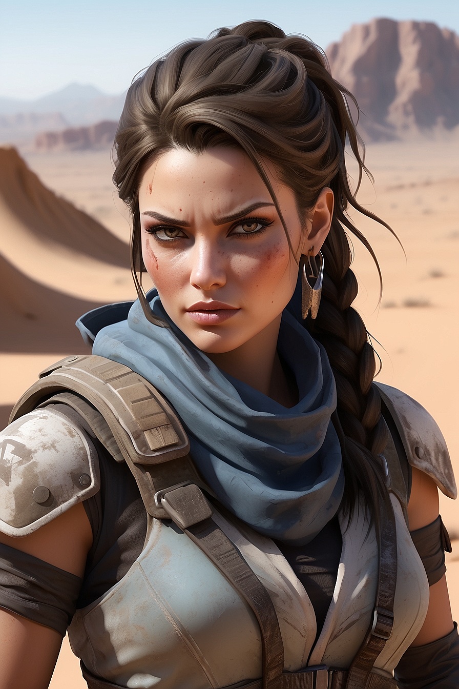 Maya - A tough and wise leader who has risen above the harsh realities of the post-apocalyptic desert world. She commands respect from her people and uses her strategic mind to keep them safe.
