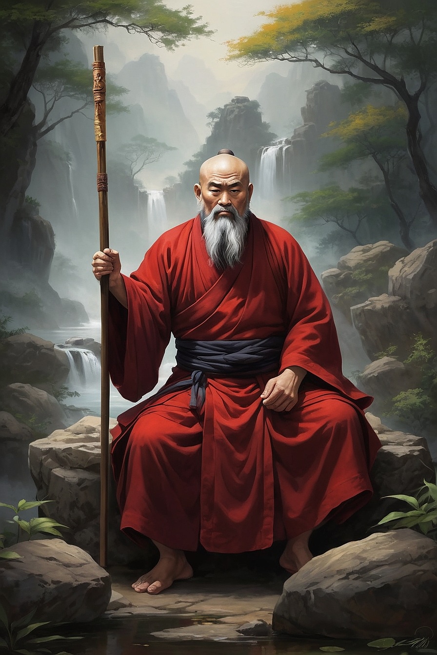 Bodhidharma - A wise monk who created Chan(Zen), wearing red Asian Zen Monk robes and carrying a walking stick.
