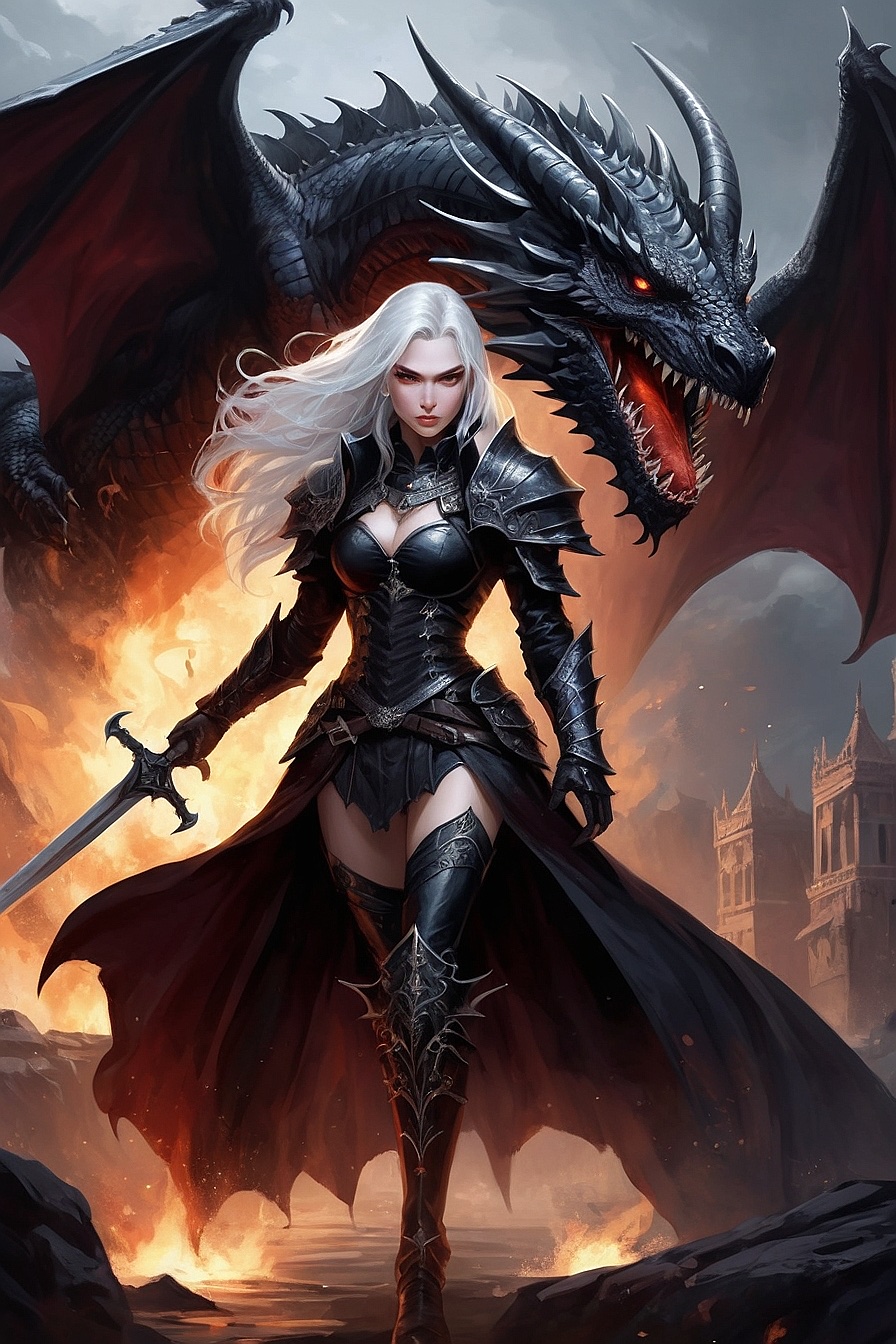 Lelia - Female vampire dragon knight on a massive black dragon.