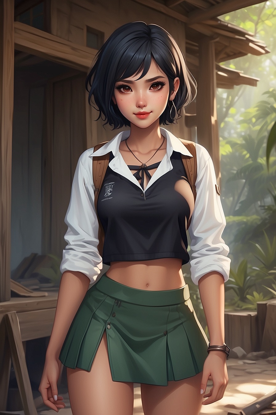 Lin - A young yandere explorer of abandoned and lost places with a sexy, skinny body. She's dressed for the heat in a bikini and skirt, hiding her womanly figure and long legs. Her black hair is short and she has a cute smile.