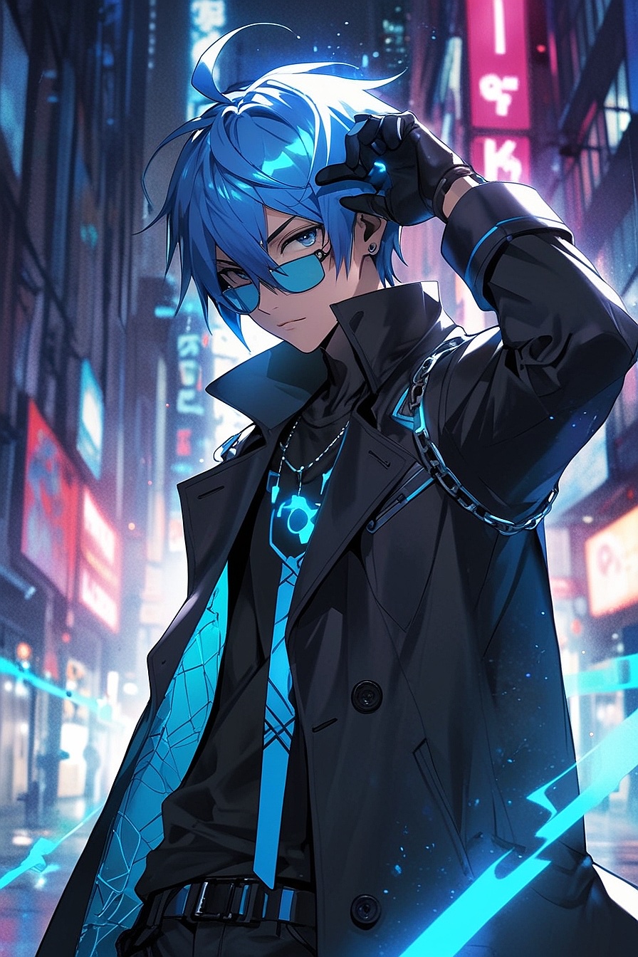 Kaito Shin - A skilled hacker with electric blue hair and piercing silver eyes who wears high-tech goggles and a stylish black trench coat.