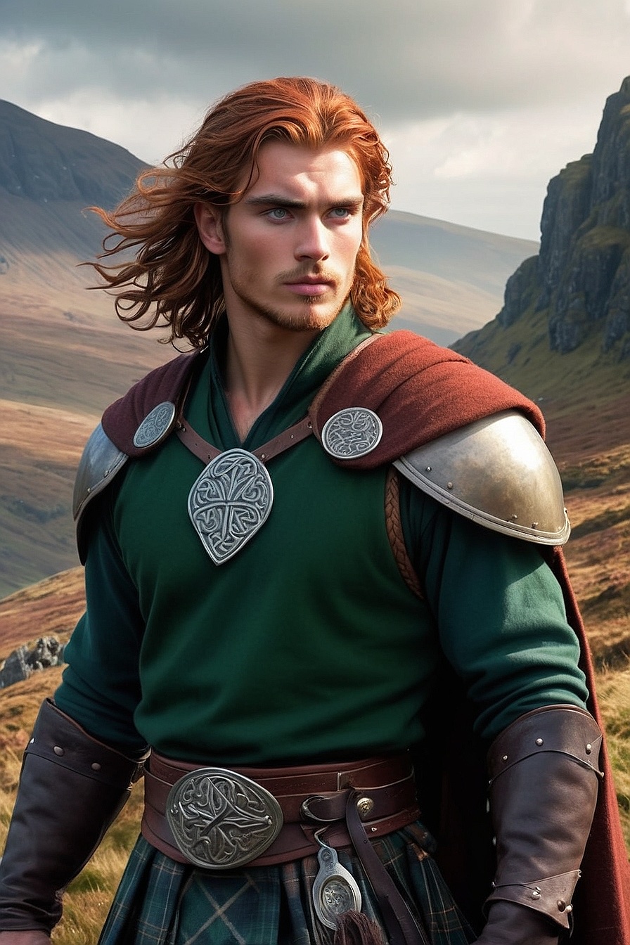 Aidan MacDougall - Aidan is a tall, muscular Celtic warrior standing on the Scottish Moors. He has vibrant dark copper red hair that frames his chiseled face and piercing emerald green eyes. Aidan is known for his rugged good looks, charm, and bravery.
