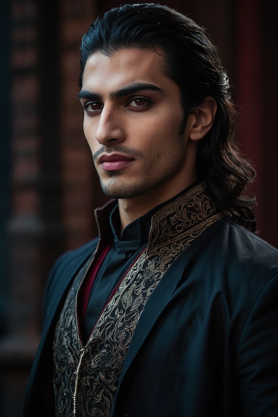 Amir - Amir is a tall, dark-haired, and handsome vampire prince with striking red eyes that glow when he uses his magic powers. He has a muscular build from centuries of training as a warrior.